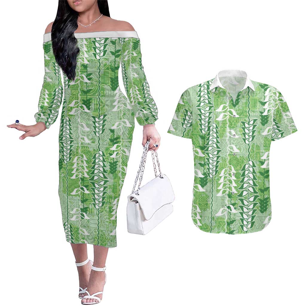 Green Hawaii Tapa Pattern Couples Matching Off The Shoulder Long Sleeve Dress and Hawaiian Shirt With Heliconia Vintage Style