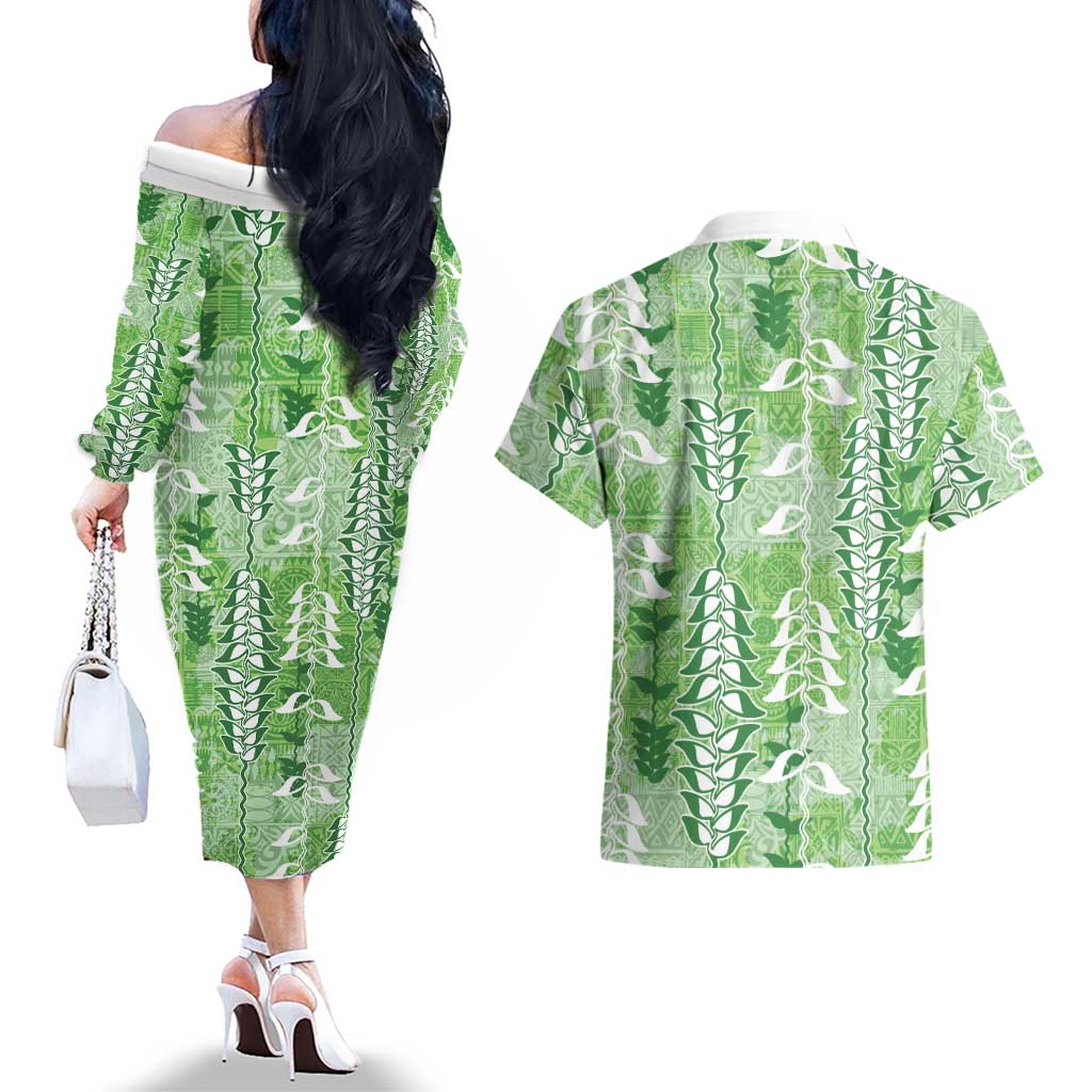 Green Hawaii Tapa Pattern Couples Matching Off The Shoulder Long Sleeve Dress and Hawaiian Shirt With Heliconia Vintage Style