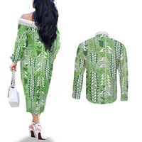 Green Hawaii Tapa Pattern Couples Matching Off The Shoulder Long Sleeve Dress and Long Sleeve Button Shirt With Heliconia Vintage Style