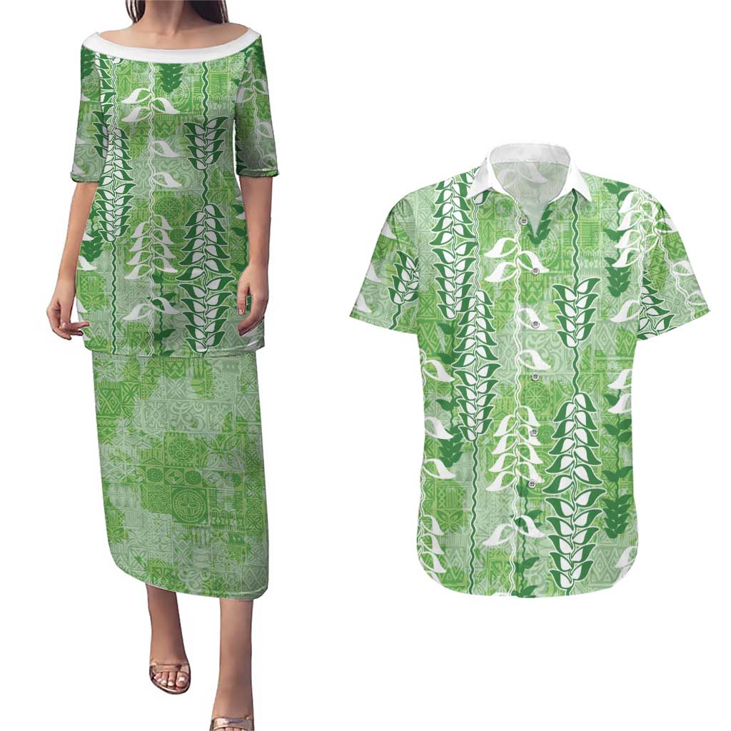 Green Hawaii Tapa Pattern Couples Matching Puletasi and Hawaiian Shirt With Heliconia Vintage Style
