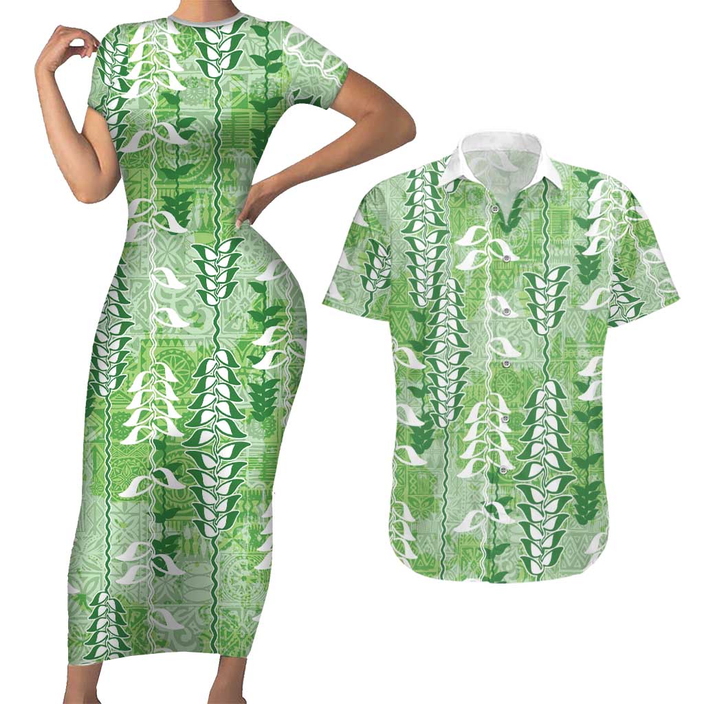 Green Hawaii Tapa Pattern Couples Matching Short Sleeve Bodycon Dress and Hawaiian Shirt With Heliconia Vintage Style