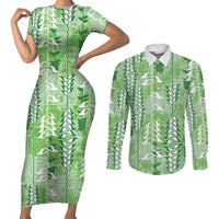 Green Hawaii Tapa Pattern Couples Matching Short Sleeve Bodycon Dress and Long Sleeve Button Shirt With Heliconia Vintage Style