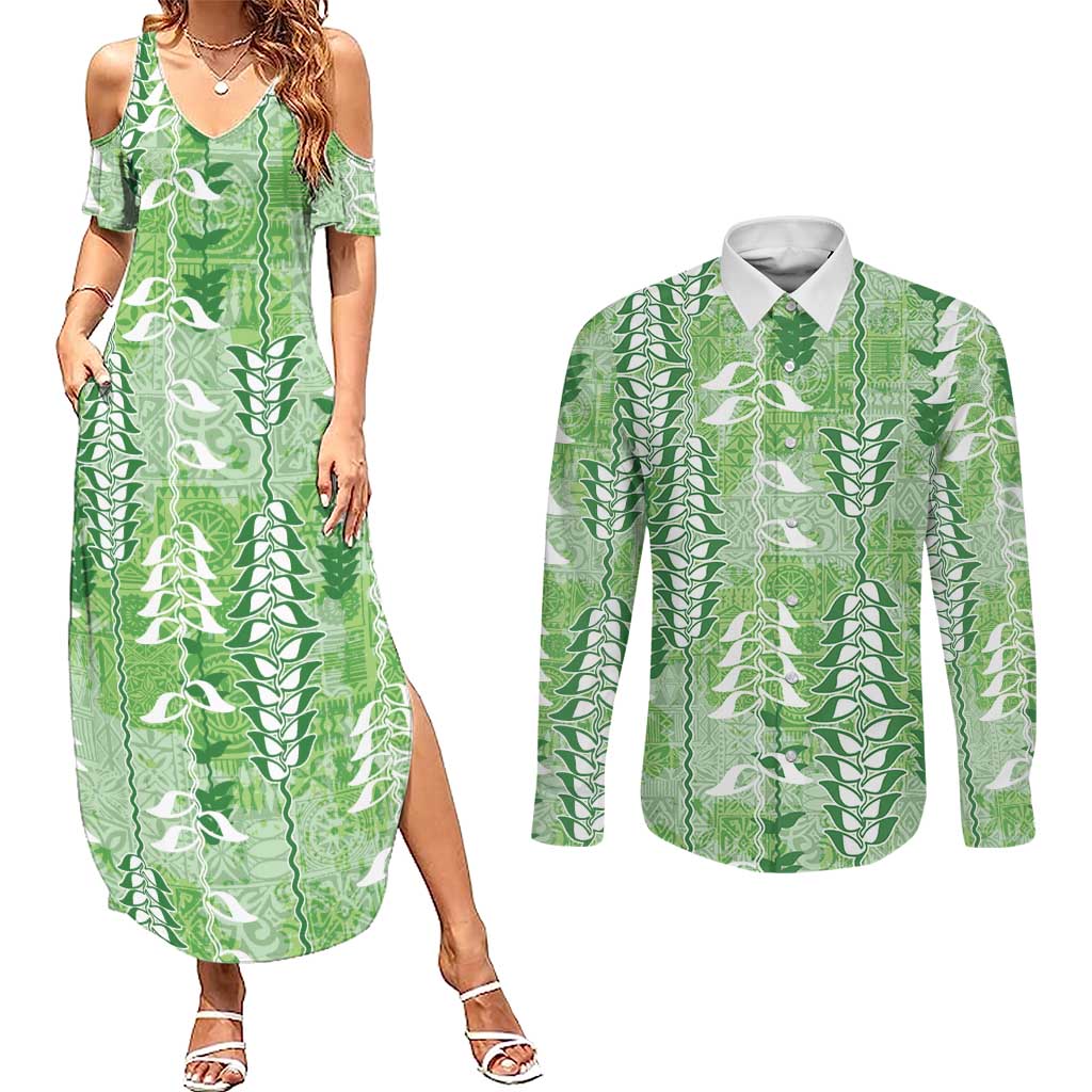 Green Hawaii Tapa Pattern Couples Matching Summer Maxi Dress and Long Sleeve Button Shirt With Heliconia Vintage Style