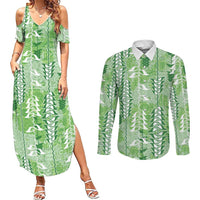 Green Hawaii Tapa Pattern Couples Matching Summer Maxi Dress and Long Sleeve Button Shirt With Heliconia Vintage Style