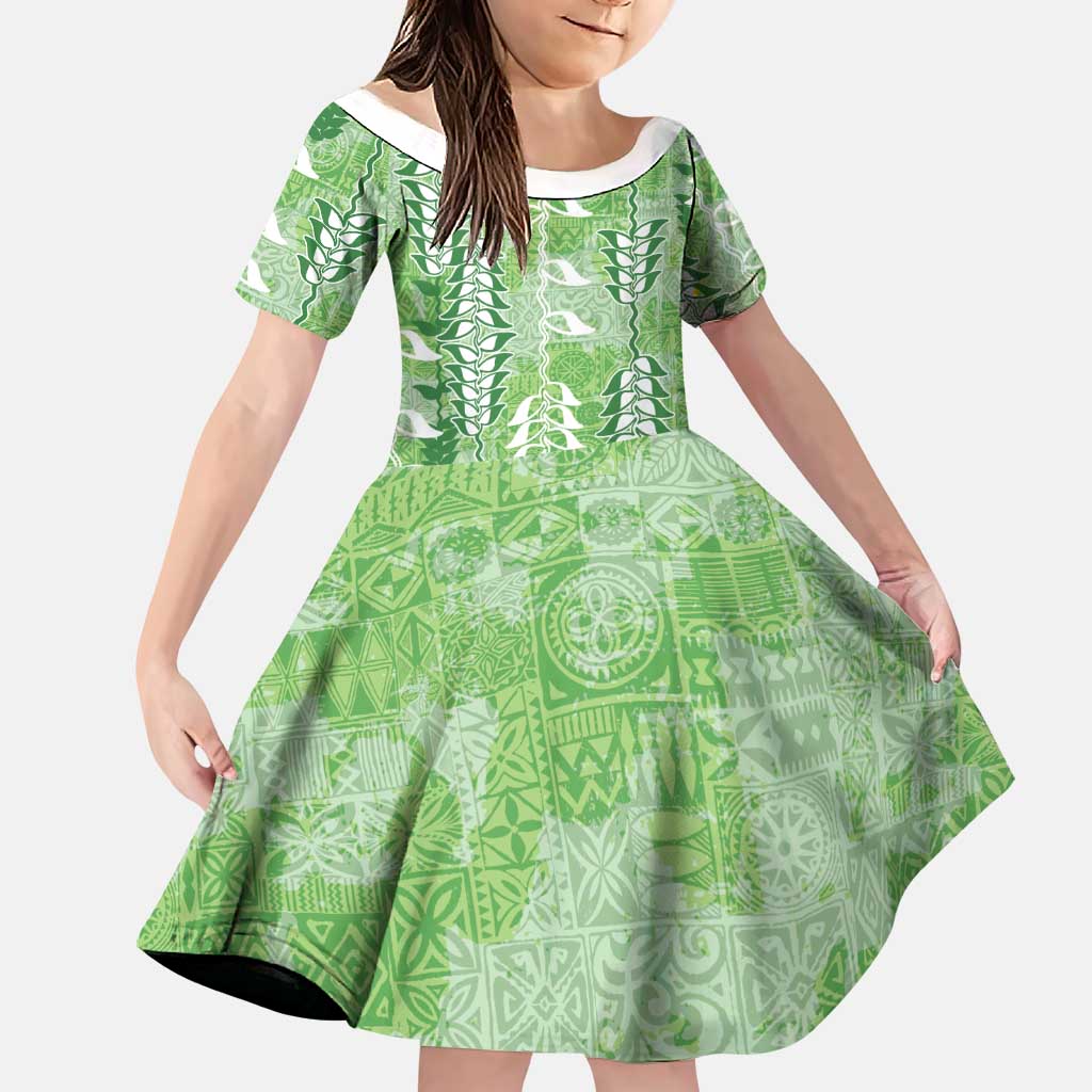 Green Hawaii Tapa Pattern Family Matching Long Sleeve Bodycon Dress and Hawaiian Shirt With Heliconia Vintage Style