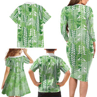 Green Hawaii Tapa Pattern Family Matching Long Sleeve Bodycon Dress and Hawaiian Shirt With Heliconia Vintage Style