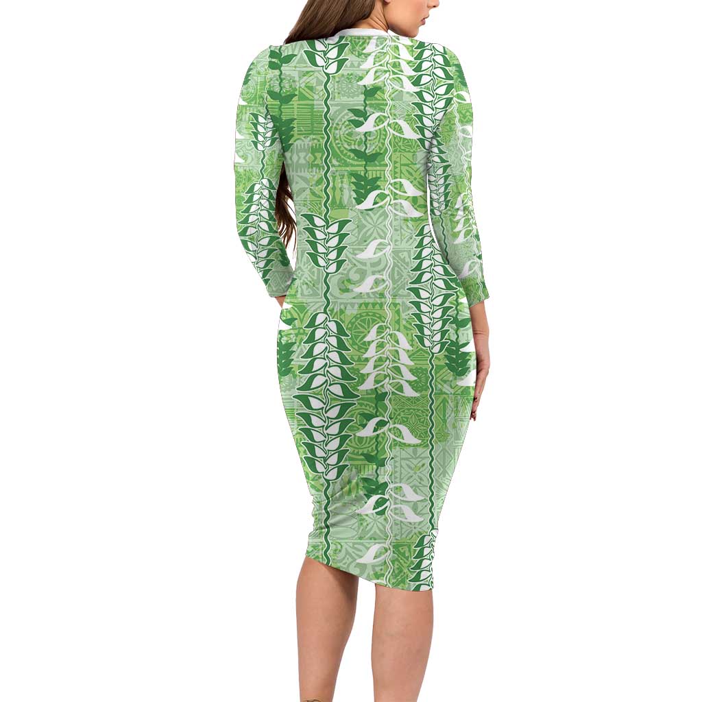 Green Hawaii Tapa Pattern Family Matching Long Sleeve Bodycon Dress and Hawaiian Shirt With Heliconia Vintage Style
