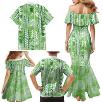 Green Hawaii Tapa Pattern Family Matching Mermaid Dress and Hawaiian Shirt With Heliconia Vintage Style