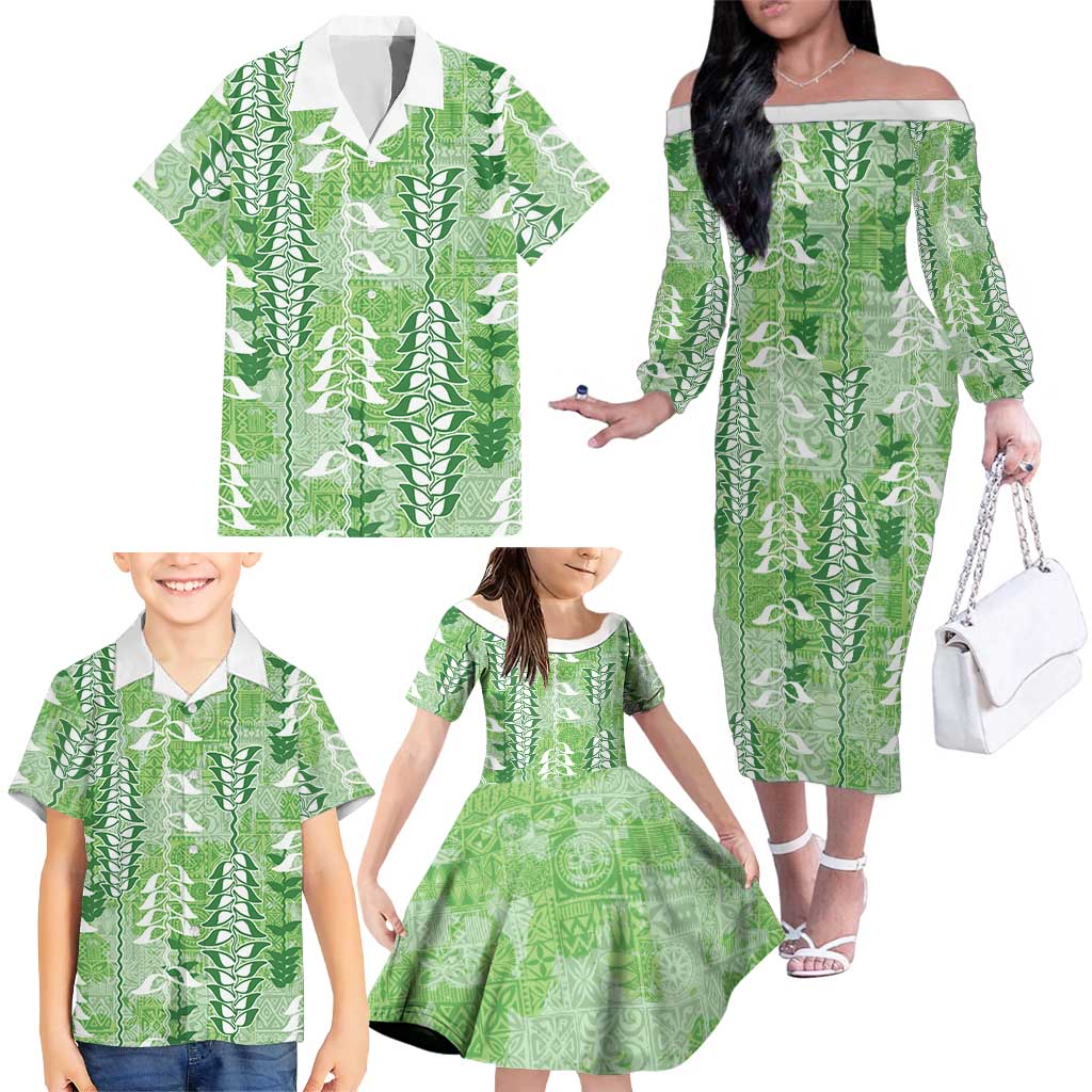 Green Hawaii Tapa Pattern Family Matching Off The Shoulder Long Sleeve Dress and Hawaiian Shirt With Heliconia Vintage Style