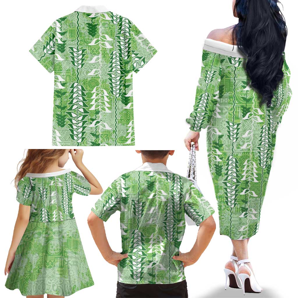 Green Hawaii Tapa Pattern Family Matching Off The Shoulder Long Sleeve Dress and Hawaiian Shirt With Heliconia Vintage Style