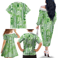 Green Hawaii Tapa Pattern Family Matching Off The Shoulder Long Sleeve Dress and Hawaiian Shirt With Heliconia Vintage Style