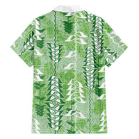 Green Hawaii Tapa Pattern Family Matching Off The Shoulder Long Sleeve Dress and Hawaiian Shirt With Heliconia Vintage Style