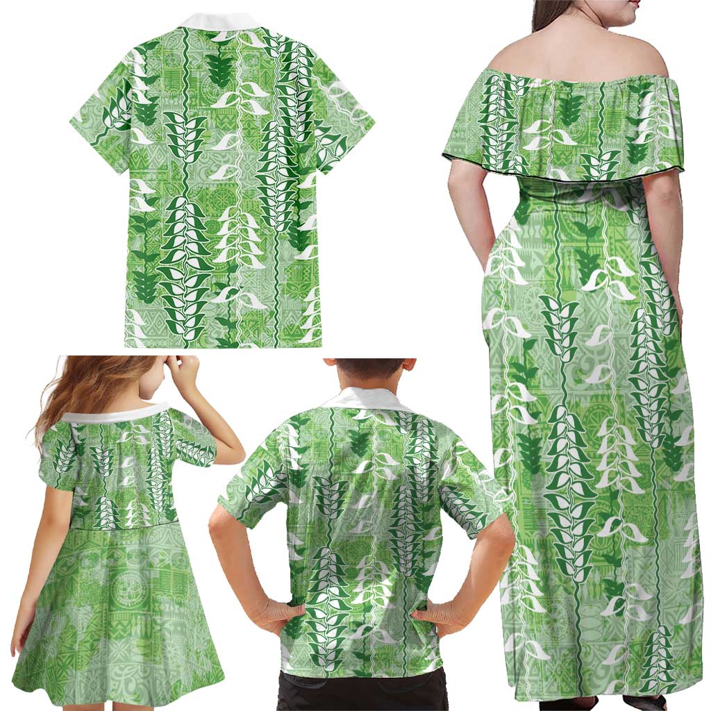 Green Hawaii Tapa Pattern Family Matching Off Shoulder Maxi Dress and Hawaiian Shirt With Heliconia Vintage Style