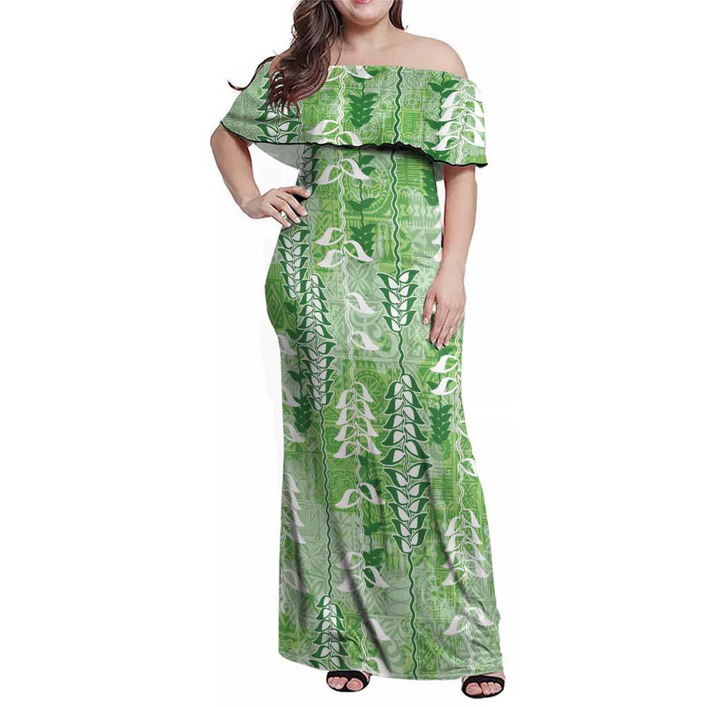 Green Hawaii Tapa Pattern Family Matching Off Shoulder Maxi Dress and Hawaiian Shirt With Heliconia Vintage Style