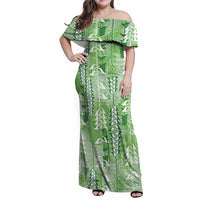 Green Hawaii Tapa Pattern Family Matching Off Shoulder Maxi Dress and Hawaiian Shirt With Heliconia Vintage Style