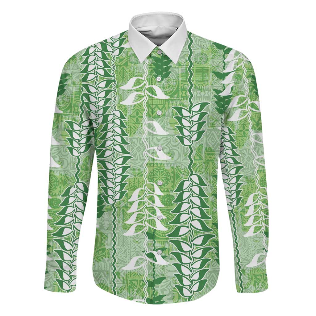 Green Hawaii Tapa Pattern Family Matching Off Shoulder Short Dress and Hawaiian Shirt With Heliconia Vintage Style