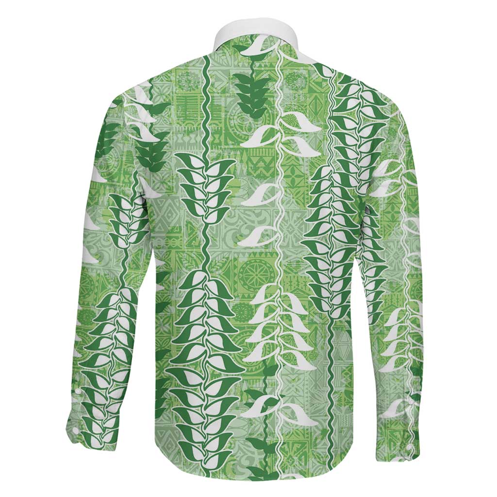 Green Hawaii Tapa Pattern Family Matching Off Shoulder Short Dress and Hawaiian Shirt With Heliconia Vintage Style