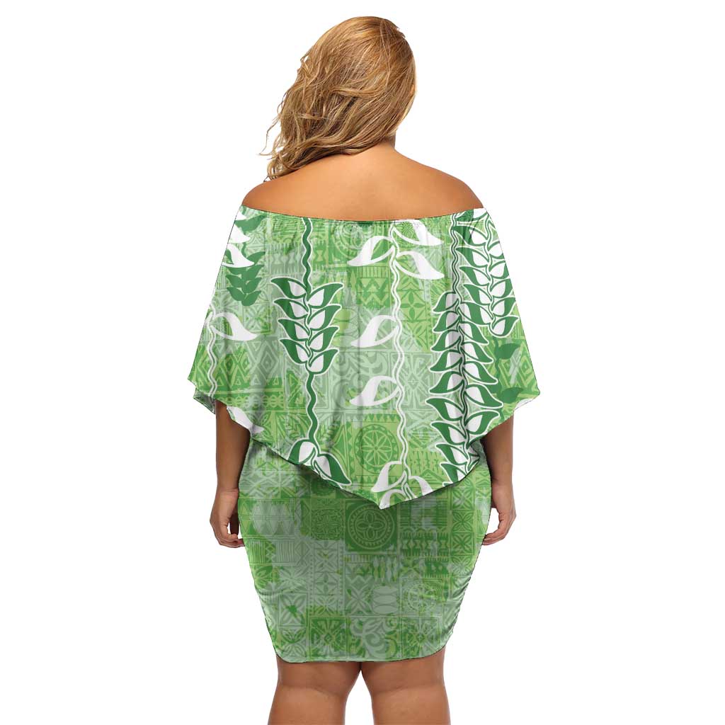 Green Hawaii Tapa Pattern Family Matching Off Shoulder Short Dress and Hawaiian Shirt With Heliconia Vintage Style