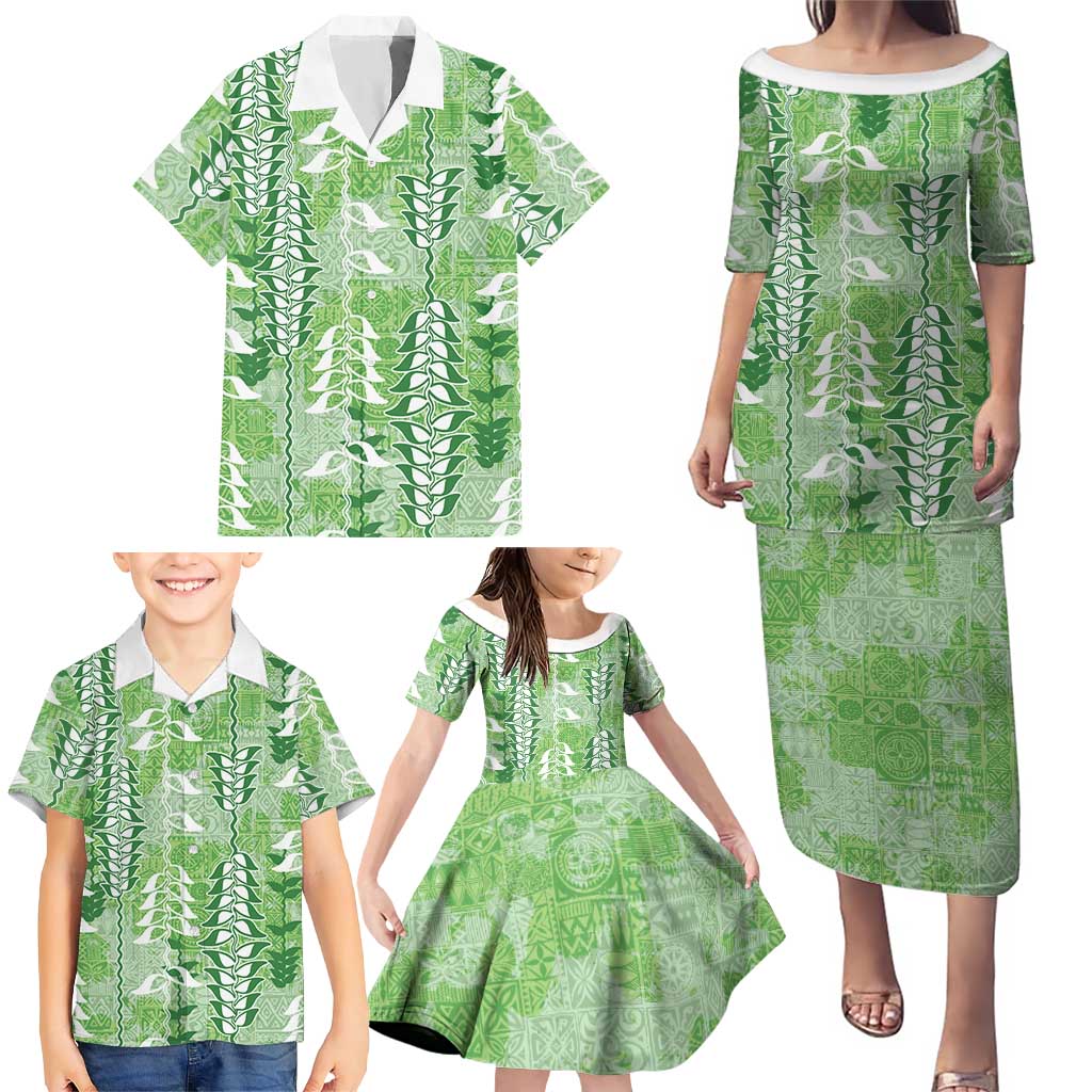 Green Hawaii Tapa Pattern Family Matching Puletasi and Hawaiian Shirt With Heliconia Vintage Style
