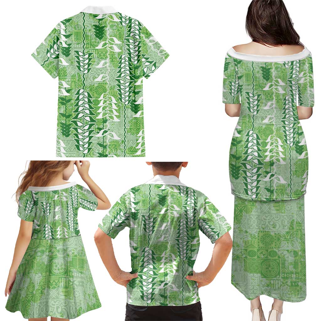 Green Hawaii Tapa Pattern Family Matching Puletasi and Hawaiian Shirt With Heliconia Vintage Style