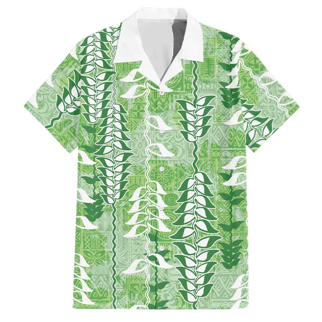 Green Hawaii Tapa Pattern Family Matching Puletasi and Hawaiian Shirt With Heliconia Vintage Style