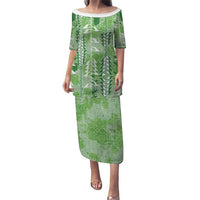 Green Hawaii Tapa Pattern Family Matching Puletasi and Hawaiian Shirt With Heliconia Vintage Style