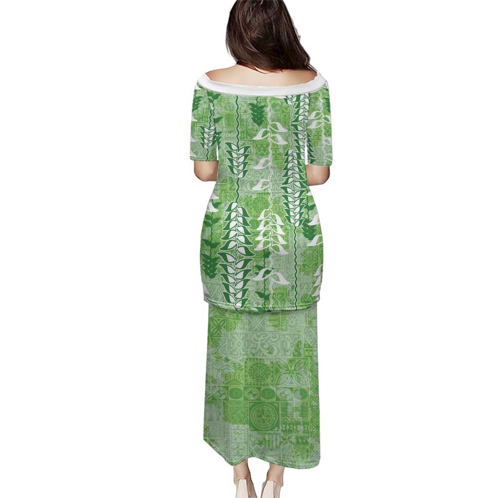 Green Hawaii Tapa Pattern Family Matching Puletasi and Hawaiian Shirt With Heliconia Vintage Style
