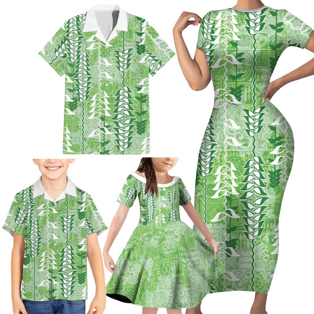 Green Hawaii Tapa Pattern Family Matching Short Sleeve Bodycon Dress and Hawaiian Shirt With Heliconia Vintage Style