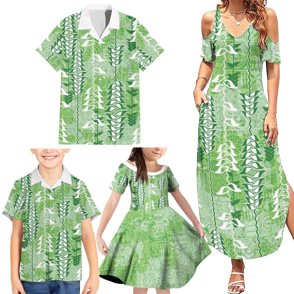 Green Hawaii Tapa Pattern Family Matching Summer Maxi Dress and Hawaiian Shirt With Heliconia Vintage Style