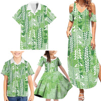 Green Hawaii Tapa Pattern Family Matching Summer Maxi Dress and Hawaiian Shirt With Heliconia Vintage Style