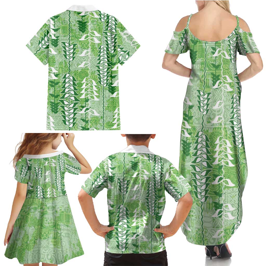 Green Hawaii Tapa Pattern Family Matching Summer Maxi Dress and Hawaiian Shirt With Heliconia Vintage Style