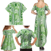 Green Hawaii Tapa Pattern Family Matching Summer Maxi Dress and Hawaiian Shirt With Heliconia Vintage Style