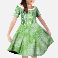 Green Hawaii Tapa Pattern Family Matching Tank Maxi Dress and Hawaiian Shirt With Heliconia Vintage Style