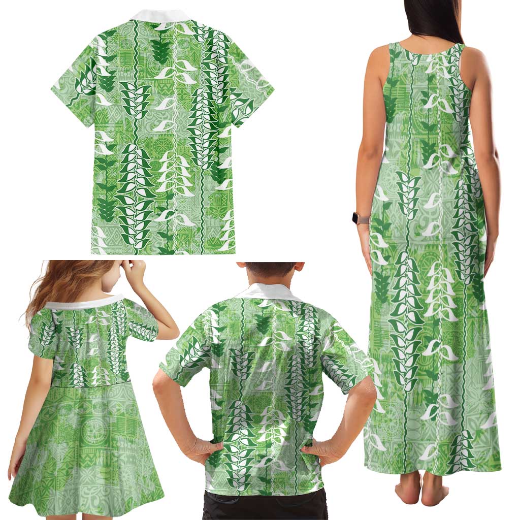 Green Hawaii Tapa Pattern Family Matching Tank Maxi Dress and Hawaiian Shirt With Heliconia Vintage Style