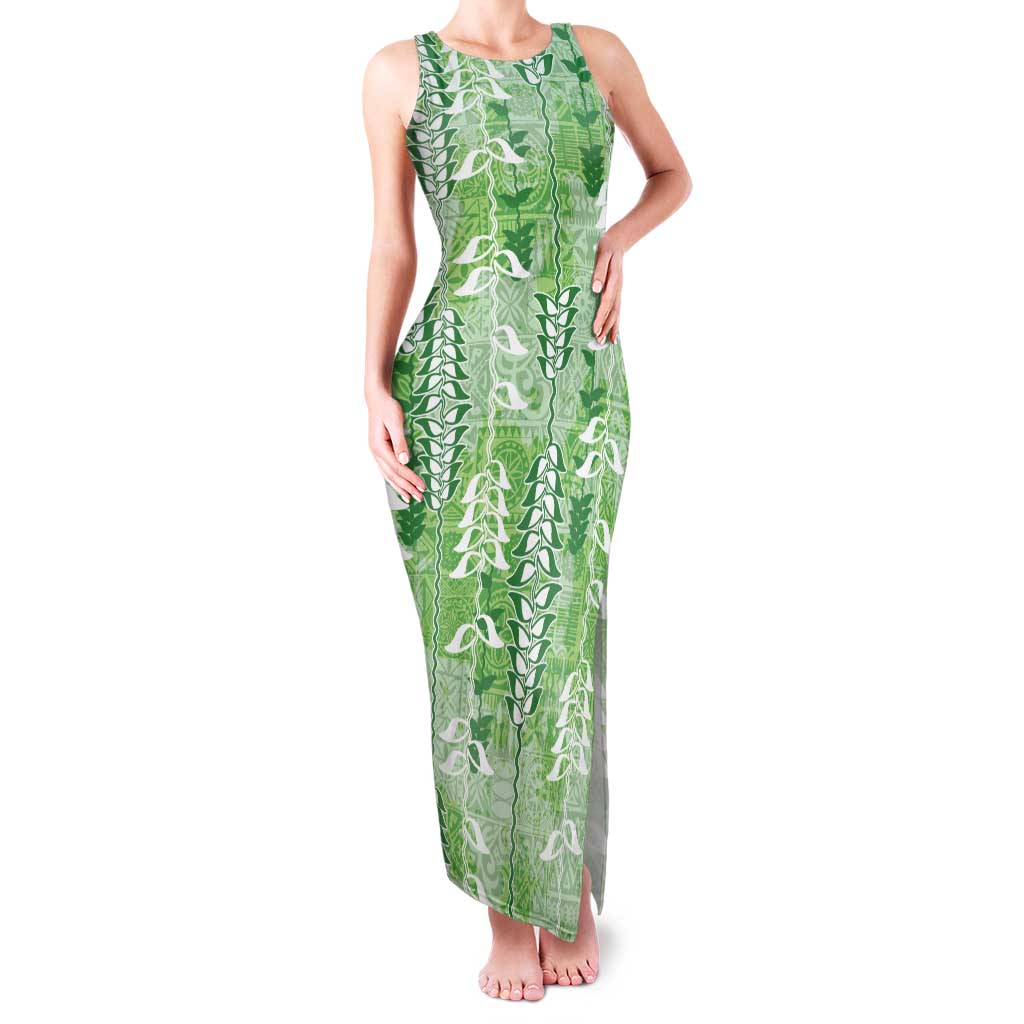 Green Hawaii Tapa Pattern Family Matching Tank Maxi Dress and Hawaiian Shirt With Heliconia Vintage Style