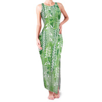 Green Hawaii Tapa Pattern Family Matching Tank Maxi Dress and Hawaiian Shirt With Heliconia Vintage Style