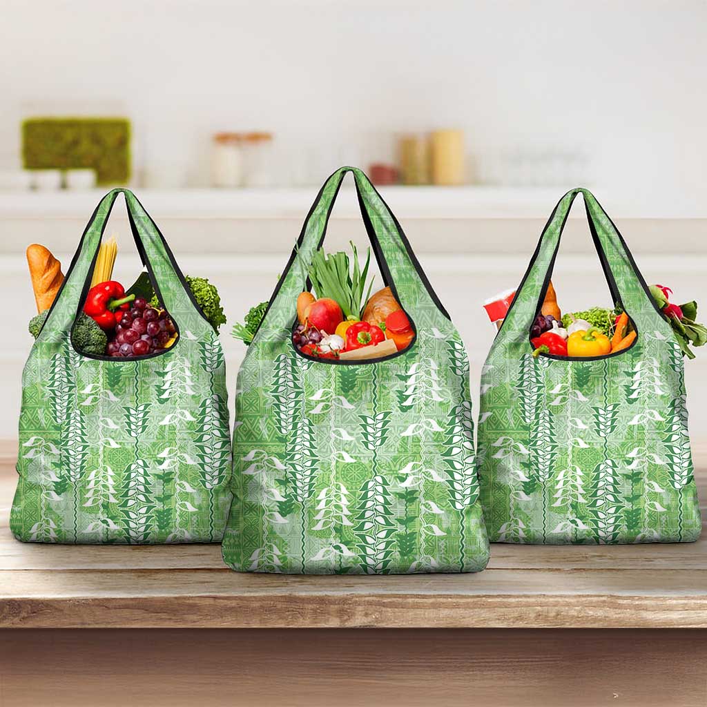 Green Hawaii Tapa Pattern Grocery Bag With Heliconia Vintage Style