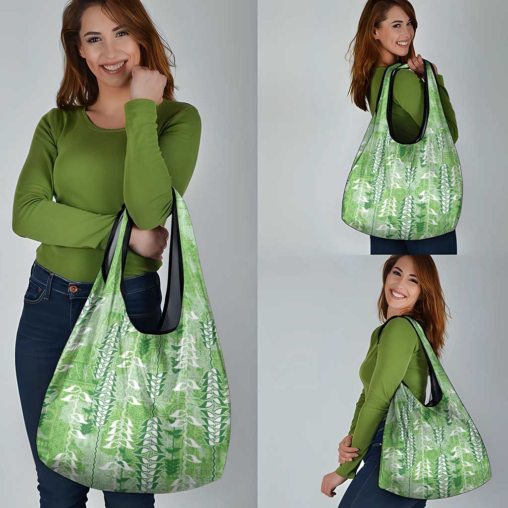 Green Hawaii Tapa Pattern Grocery Bag With Heliconia Vintage Style