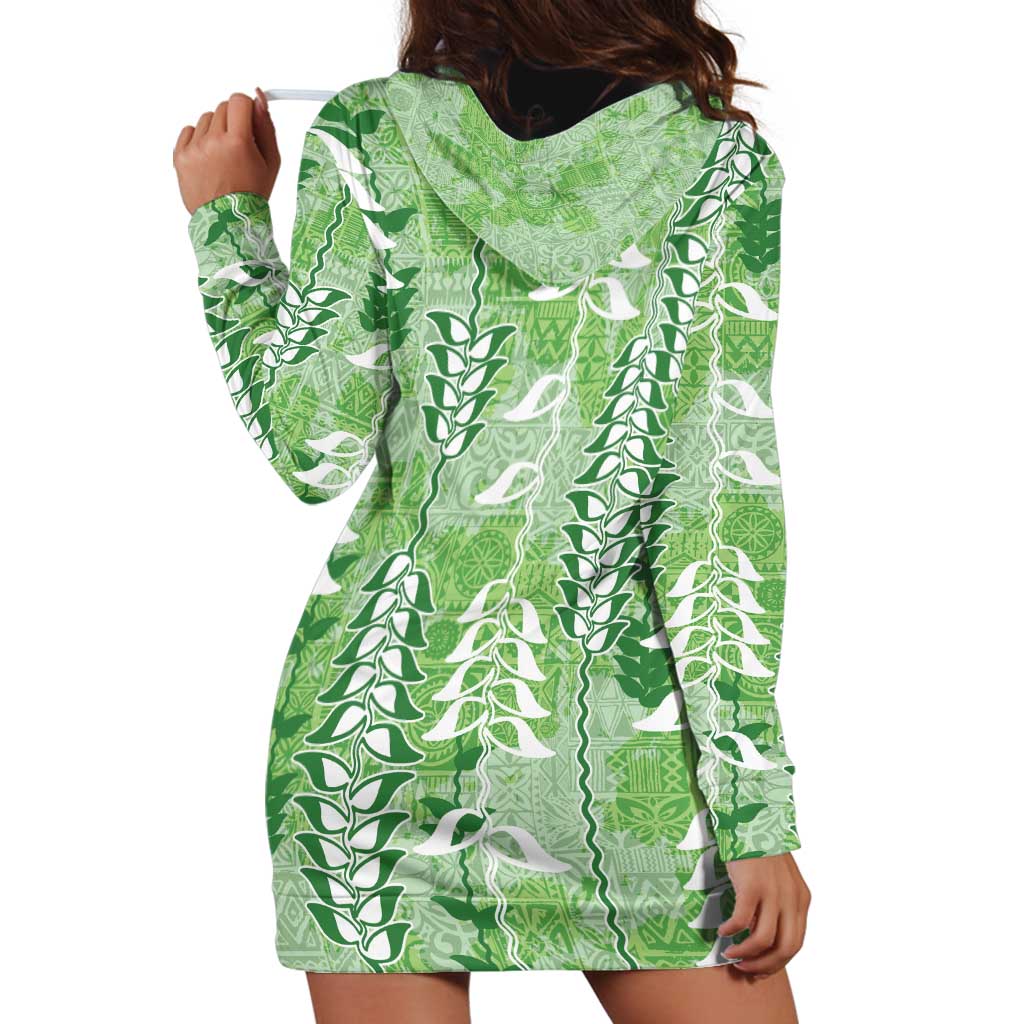 Green Hawaii Tapa Pattern Hoodie Dress With Heliconia Vintage Style