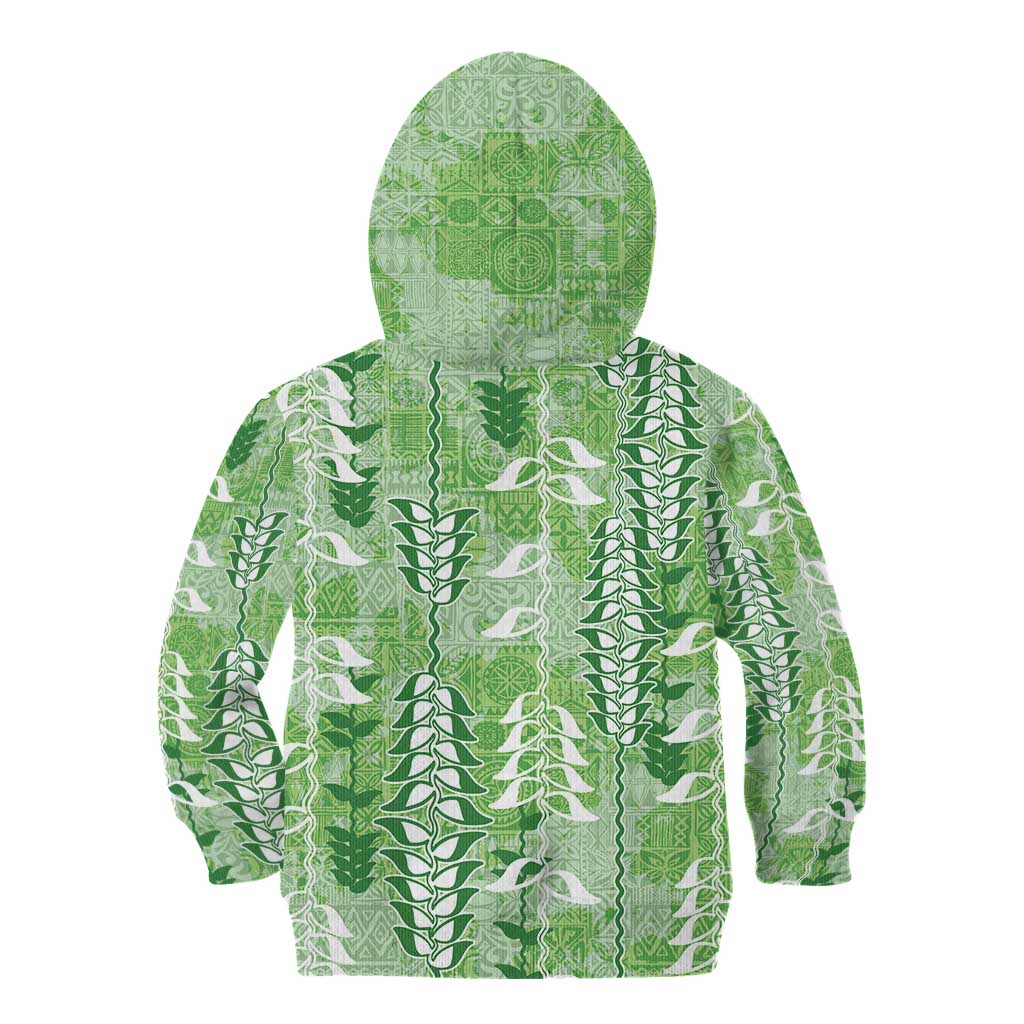 Green Hawaii Tapa Pattern Kid Hoodie With Heliconia Vintage Style