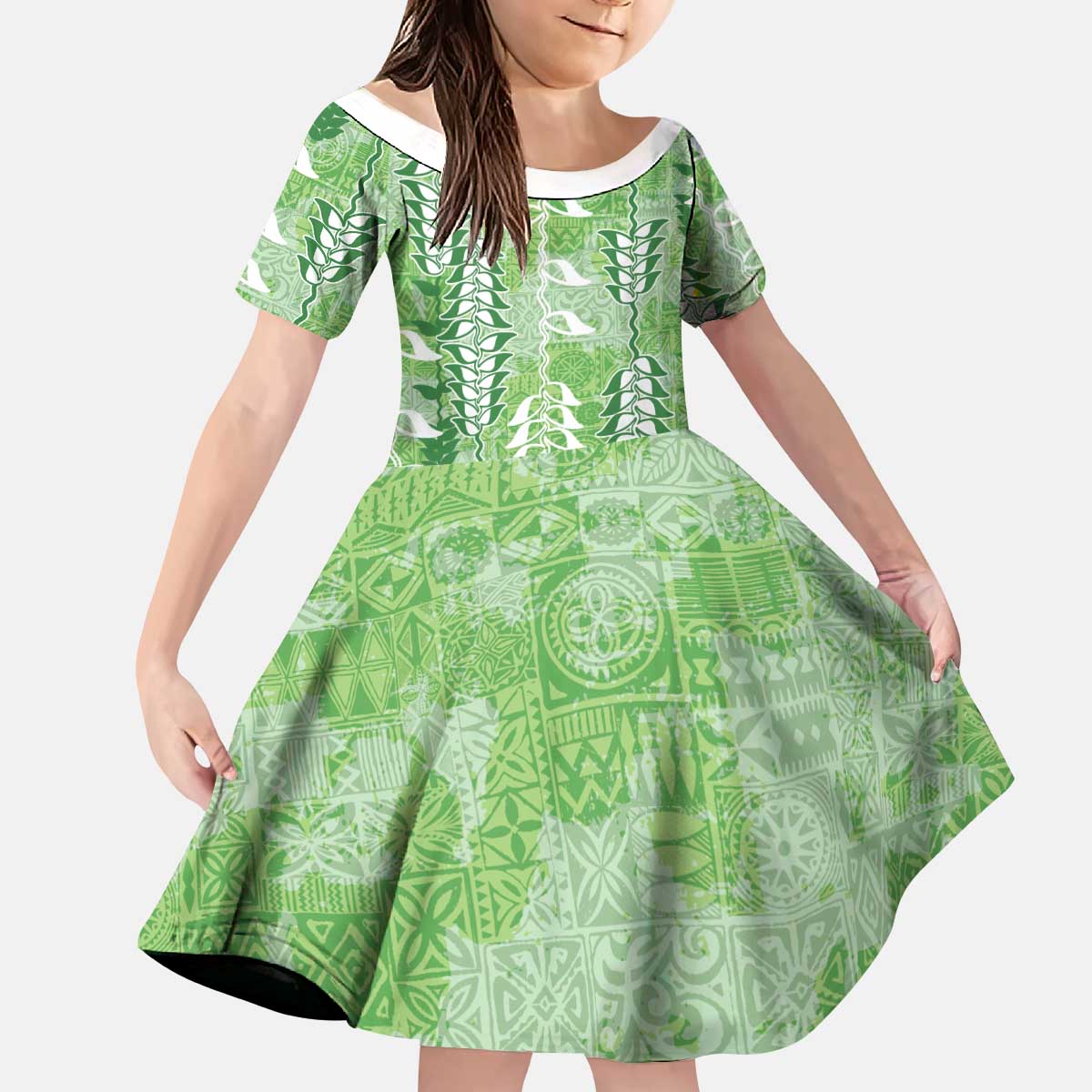 Green Hawaii Tapa Pattern Kid Short Sleeve Dress With Heliconia Vintage Style LT05 KID Green - Polynesian Pride