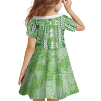 Green Hawaii Tapa Pattern Kid Short Sleeve Dress With Heliconia Vintage Style LT05 - Polynesian Pride