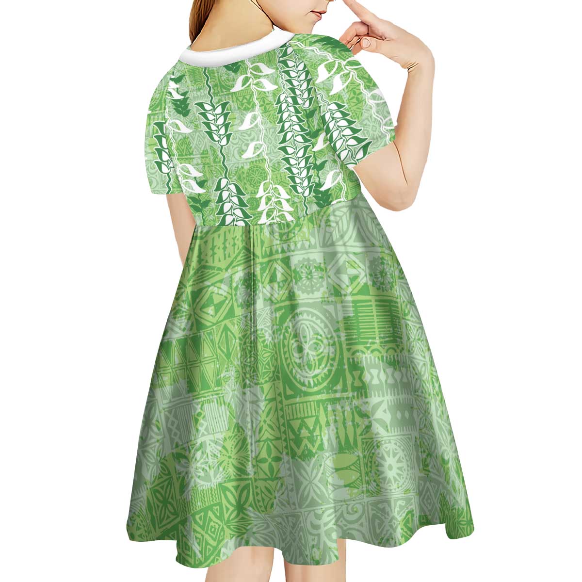 Green Hawaii Tapa Pattern Kid Short Sleeve Dress With Heliconia Vintage Style LT05 - Polynesian Pride