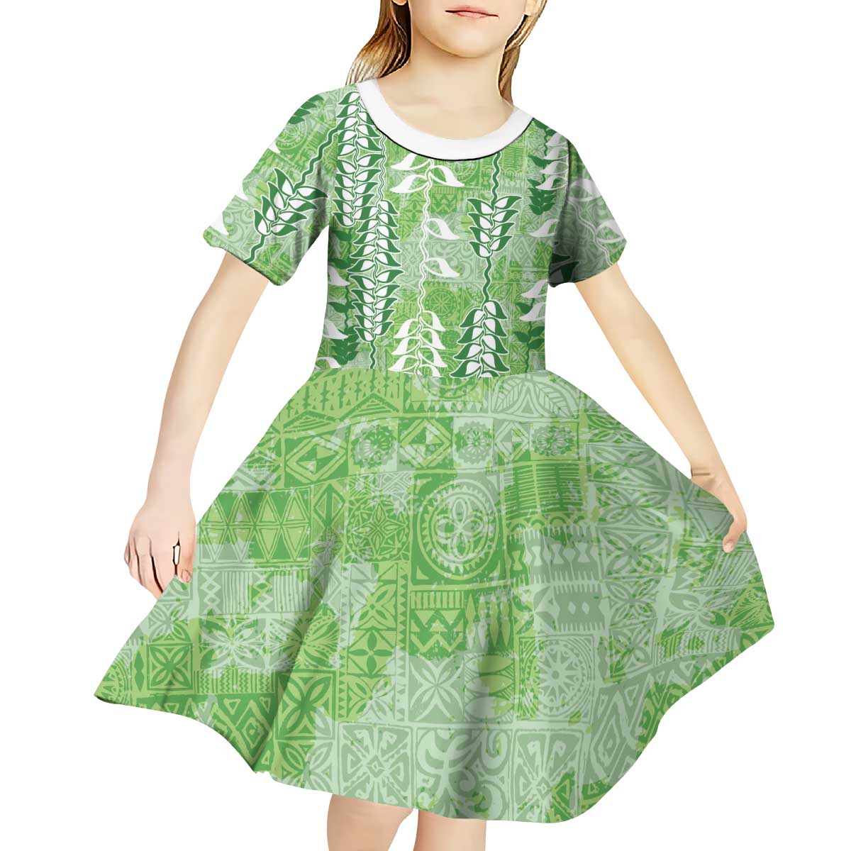 Green Hawaii Tapa Pattern Kid Short Sleeve Dress With Heliconia Vintage Style LT05 - Polynesian Pride