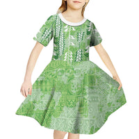 Green Hawaii Tapa Pattern Kid Short Sleeve Dress With Heliconia Vintage Style LT05 - Polynesian Pride