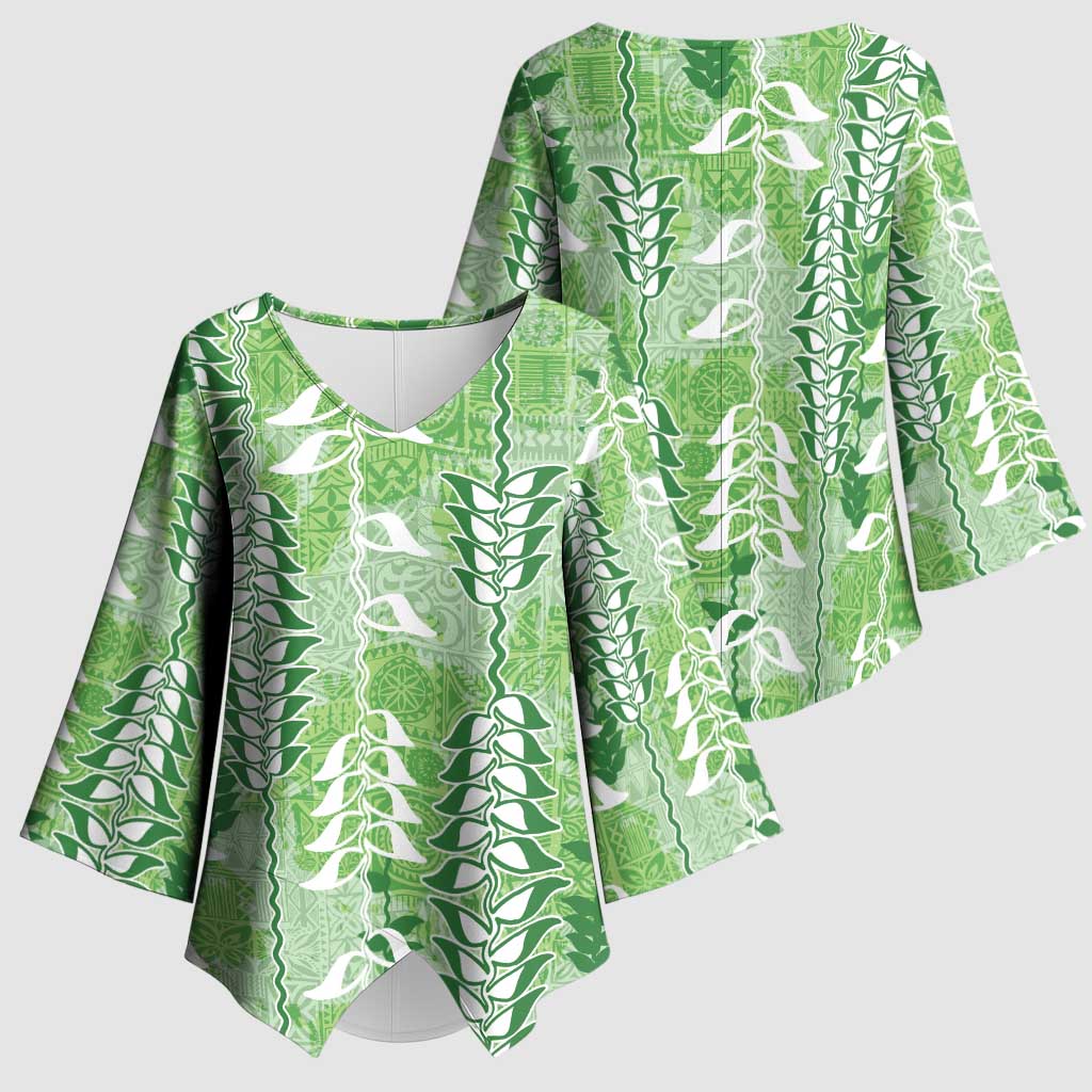 Green Hawaii Tapa Pattern Kimono Sleeve Blouse With Heliconia Vintage Style LT05 - Polynesian Pride