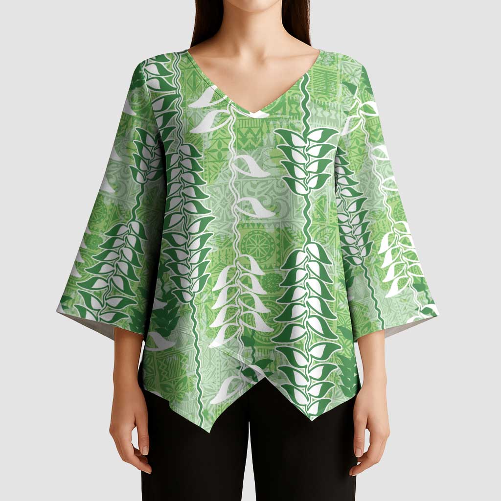 Green Hawaii Tapa Pattern Kimono Sleeve Blouse With Heliconia Vintage Style LT05 - Polynesian Pride