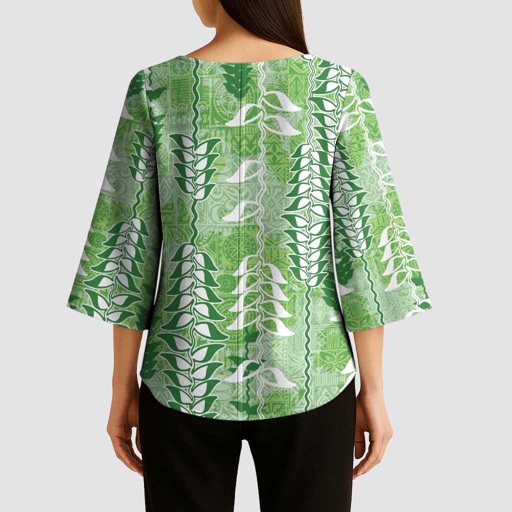 Green Hawaii Tapa Pattern Kimono Sleeve Blouse With Heliconia Vintage Style LT05 - Polynesian Pride