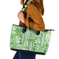 Green Hawaii Tapa Pattern Leather Tote Bag With Heliconia Vintage Style
