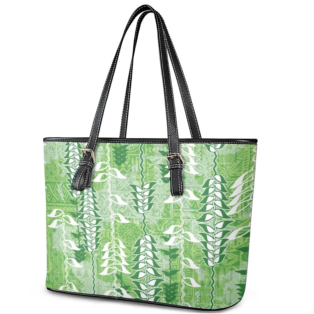 Green Hawaii Tapa Pattern Leather Tote Bag With Heliconia Vintage Style